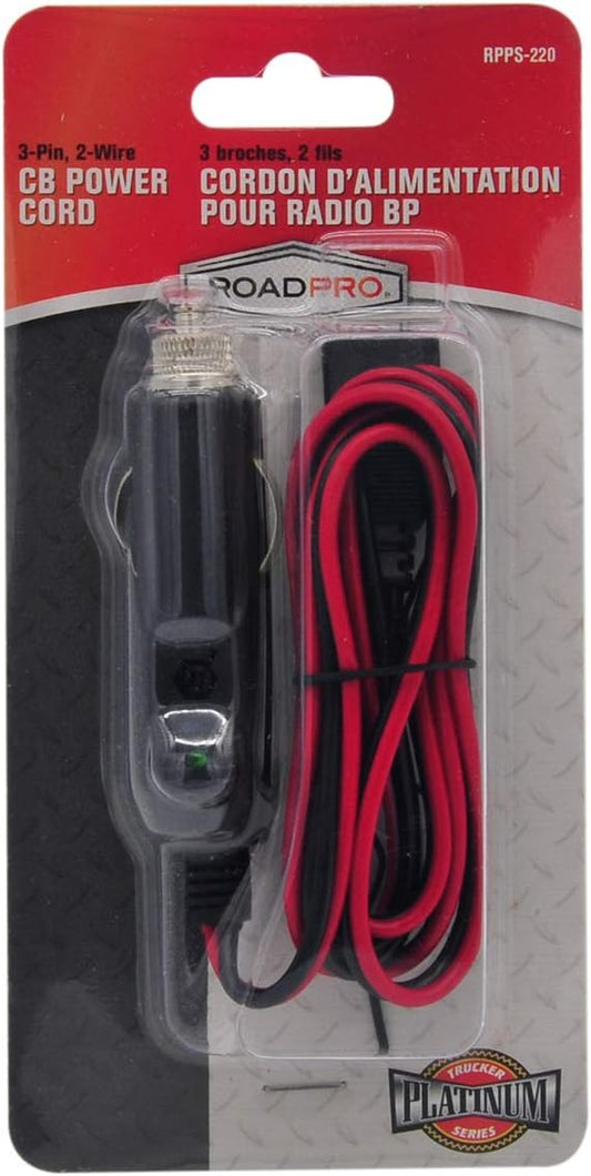 RoadPro RPPS-220 Platinum Series 12V 3-Pin Plug Fused Replacement CB Power Cord, Black and Red