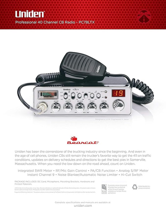 Uniden PC78LTX 40-Channel Trucker's CB Radio with Integrated SWR Meter